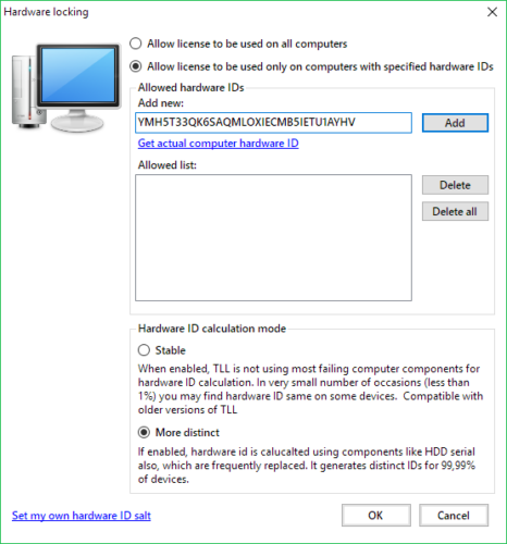 License hardware locking config